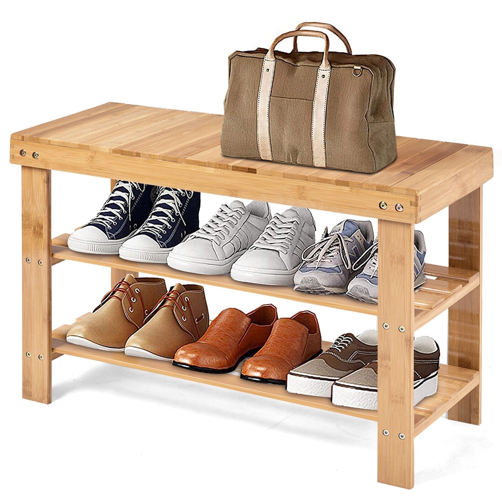 3 Tier Bamboo Shoe Bench for Entryway Natural