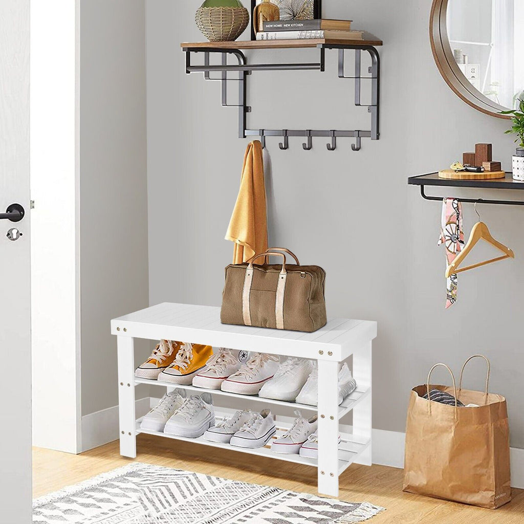 3 Tier Bamboo Shoe Bench for Entryway White