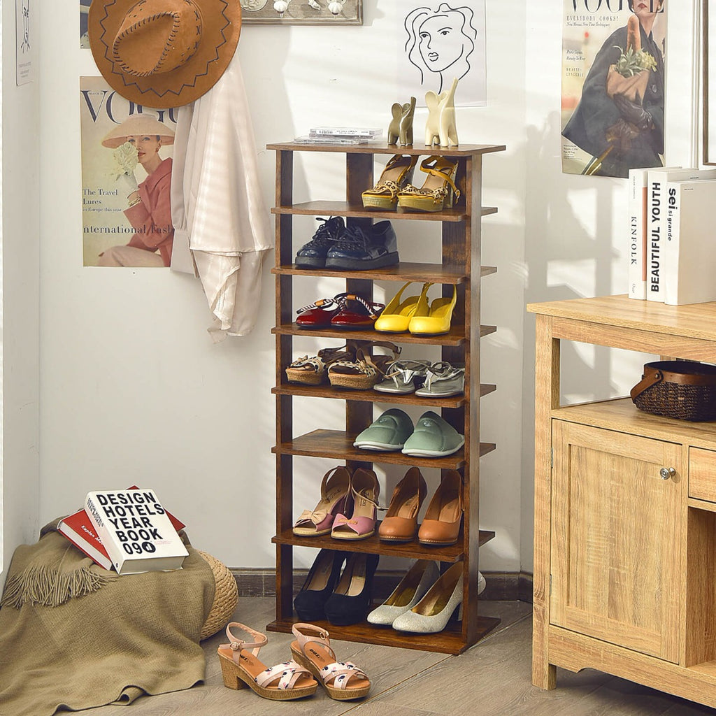 Extra Wide Wooden Vertical Shoe Rack with 7 Shelves-Brown