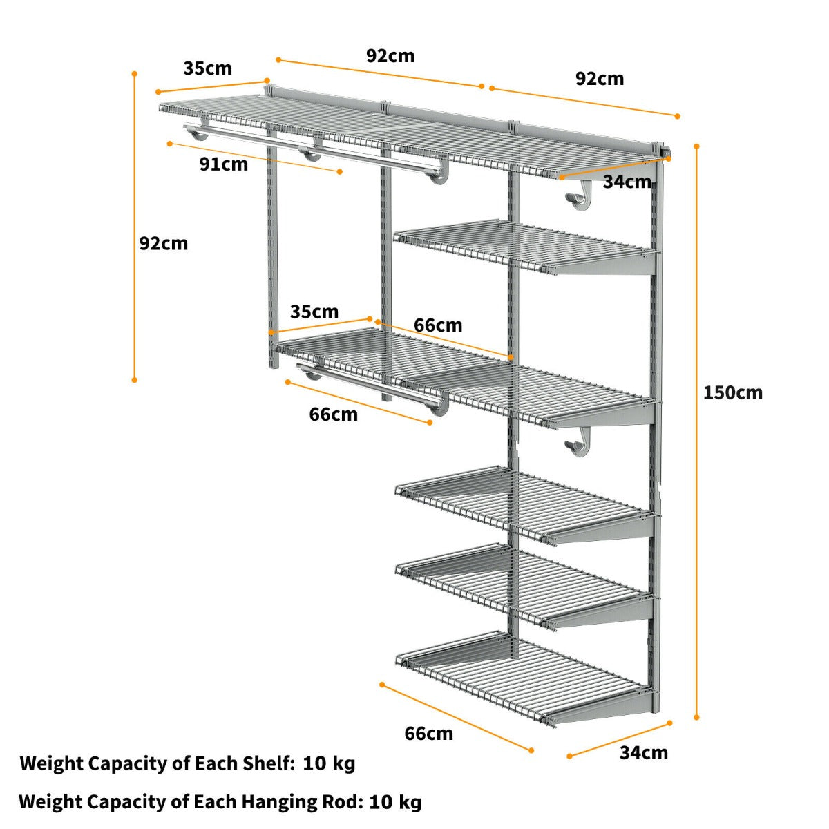 Wall Mounted Closet System with Hanging Rod for Bedroom