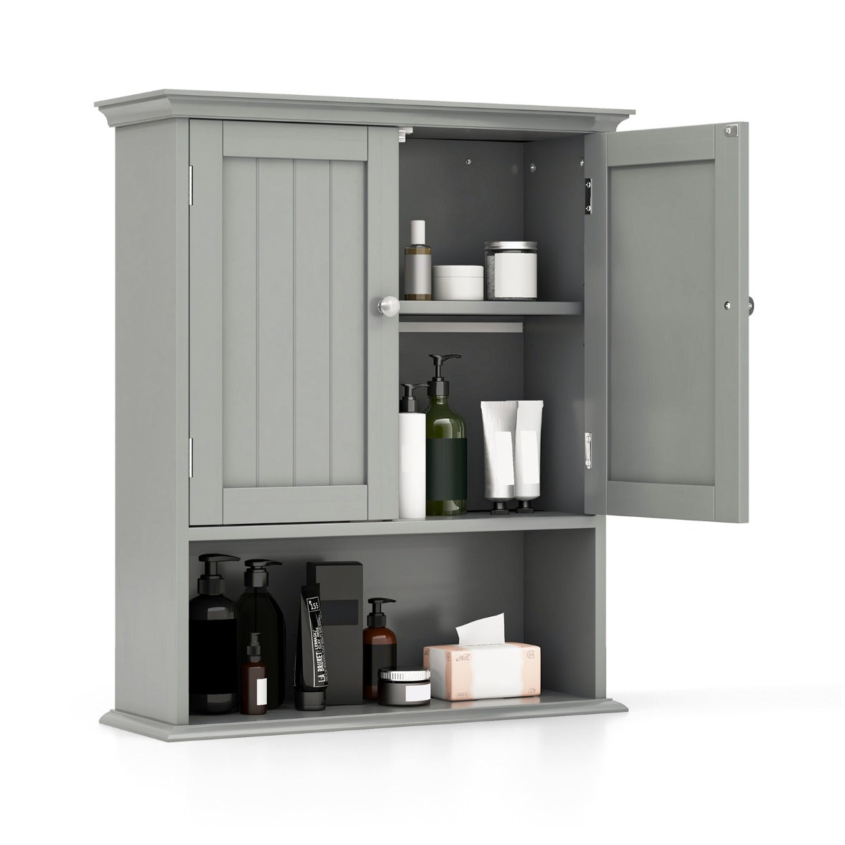 Wall Mount Bathroom Cabinet Storage Organizer with Doors and Shelves-Grey