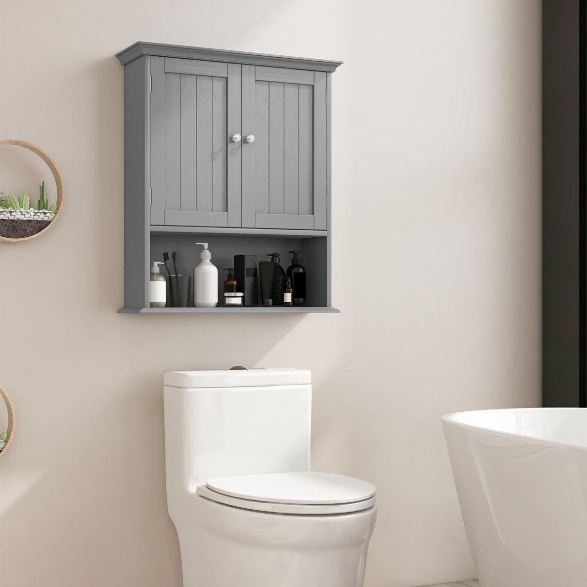 Wall Mount Bathroom Cabinet Storage Organizer with Doors and Shelves-Grey