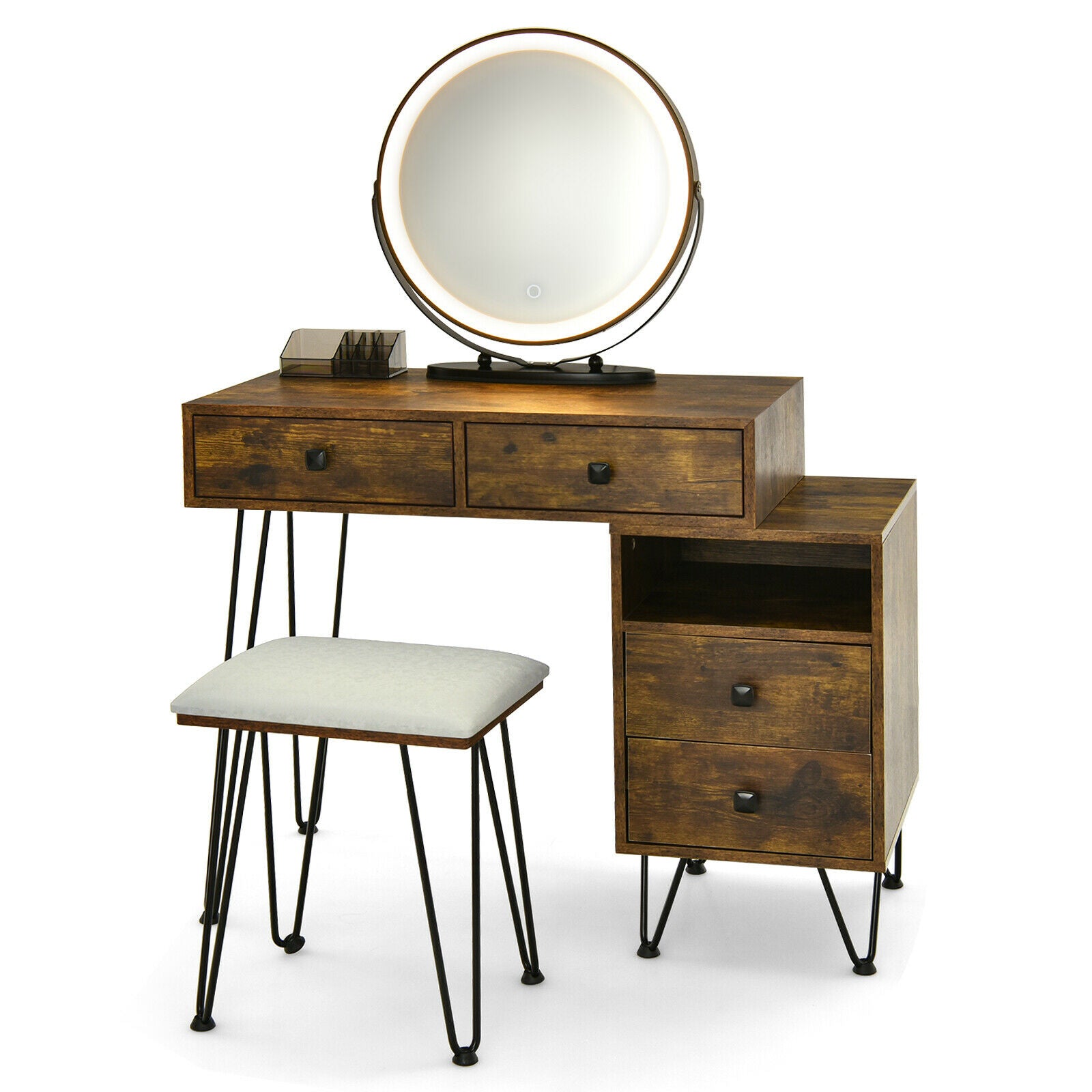 3 Modes Vanity Dressing Table with 3 colour Detachable LED Mirror-Brown