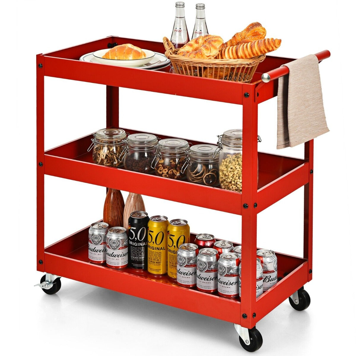 3 Tier Tool Trolley with Lockable Wheels for Garage Restaurant Red