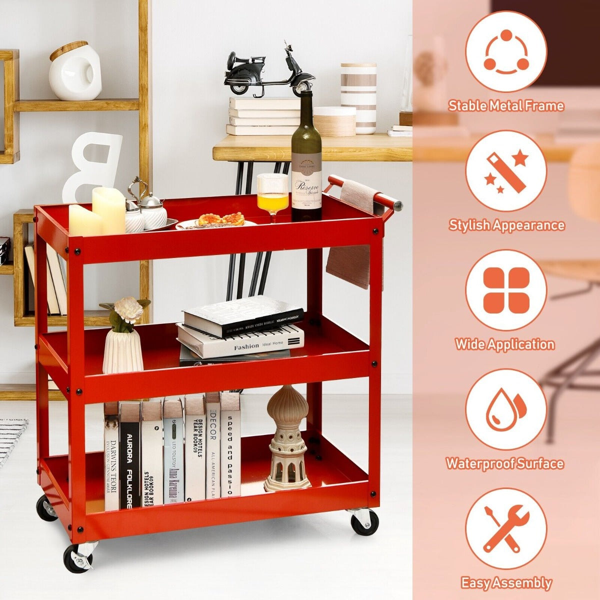 3-Tier Tool Trolley with Lockable Wheels for Garage Restaurant-Red