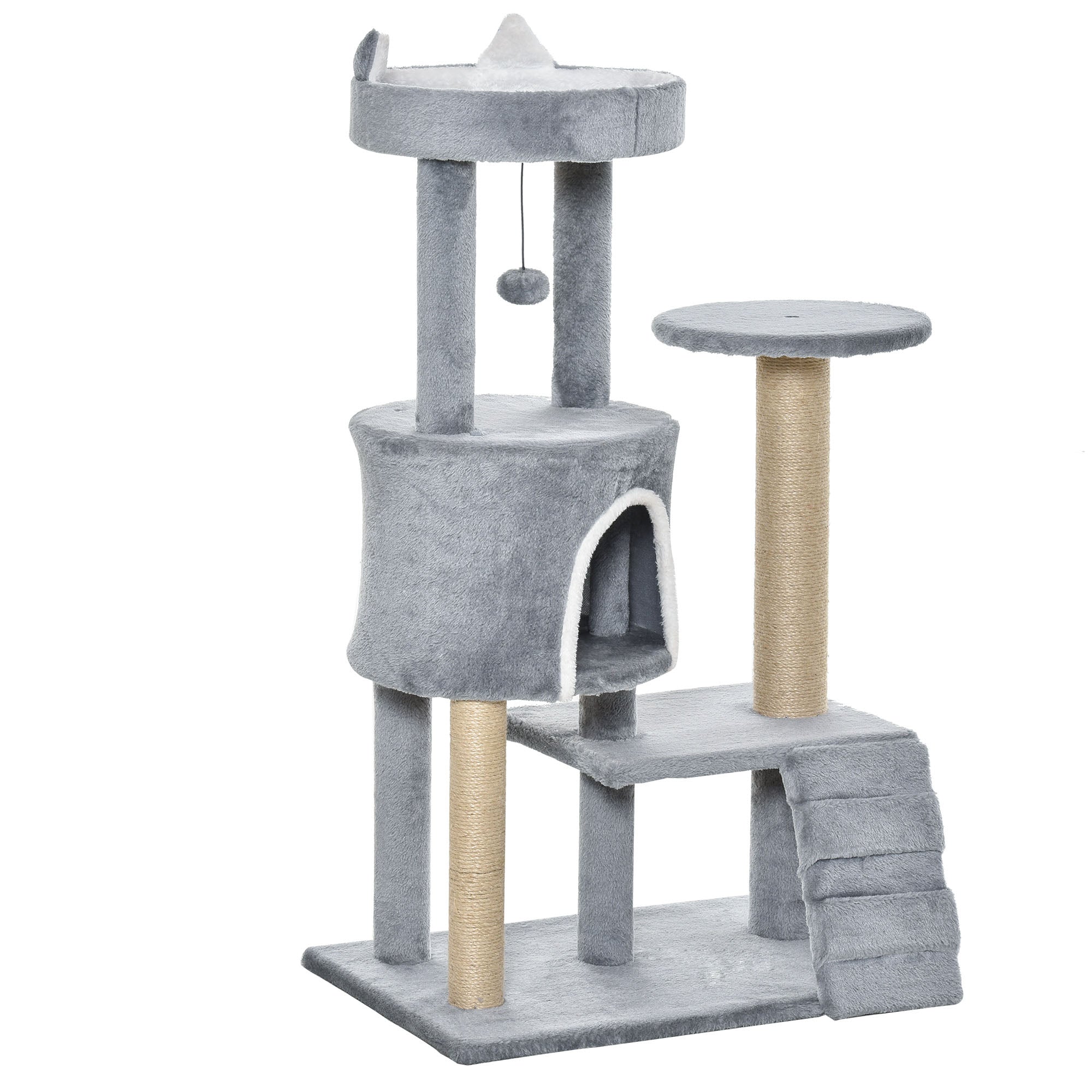 PawHut 100cm Cat Tree Tower Condo Multi Platform Kitty Cat Center with Climbing Ladder Scratching Post Hanging Toy Ball, Light Grey - Inspirely