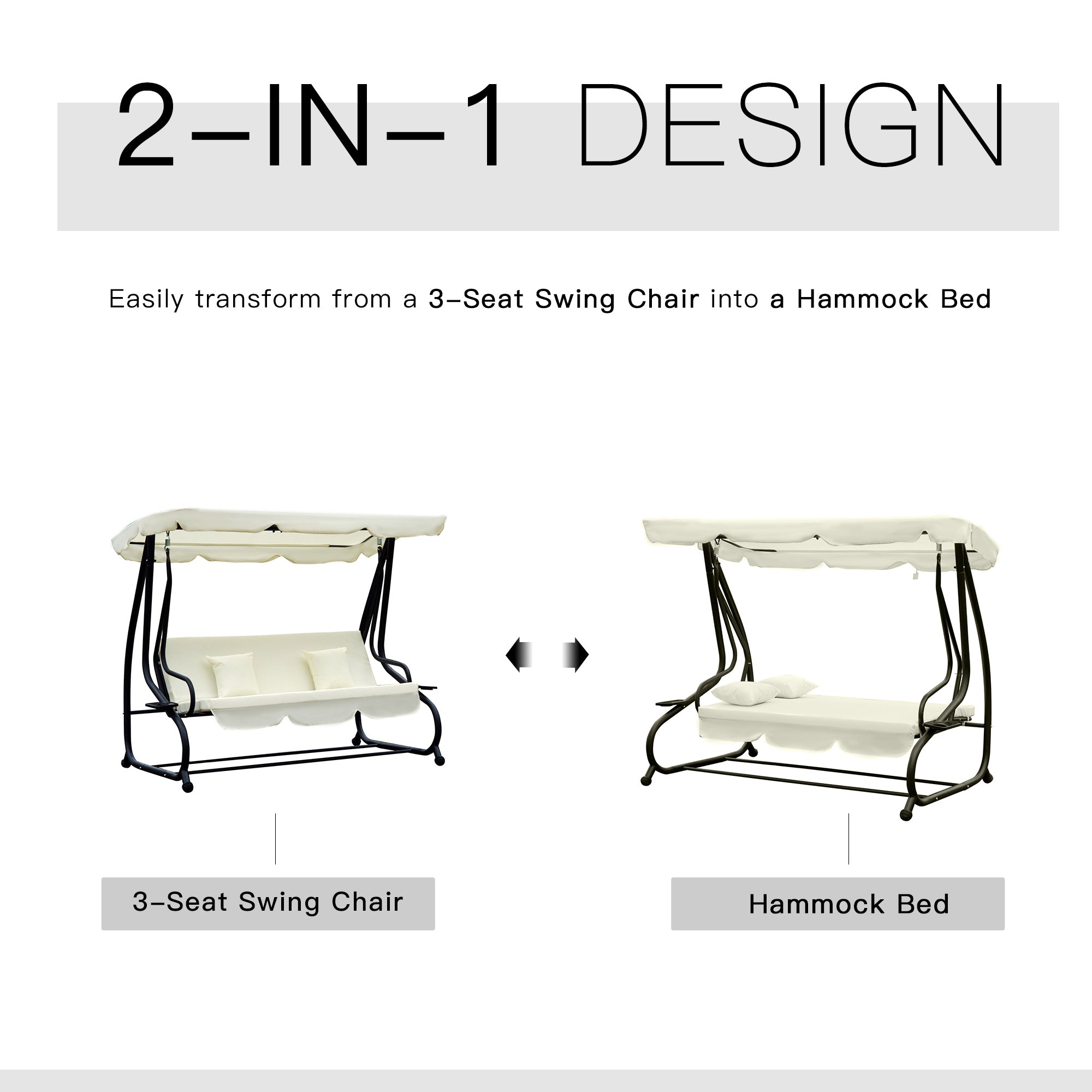 Outsunny 2-in-1 Garden Swing Seat Bed 3 Seater Swing Chair Hammock Bench Bed with Tilting Canopy and 2 Cushions, Cream White - Inspirely