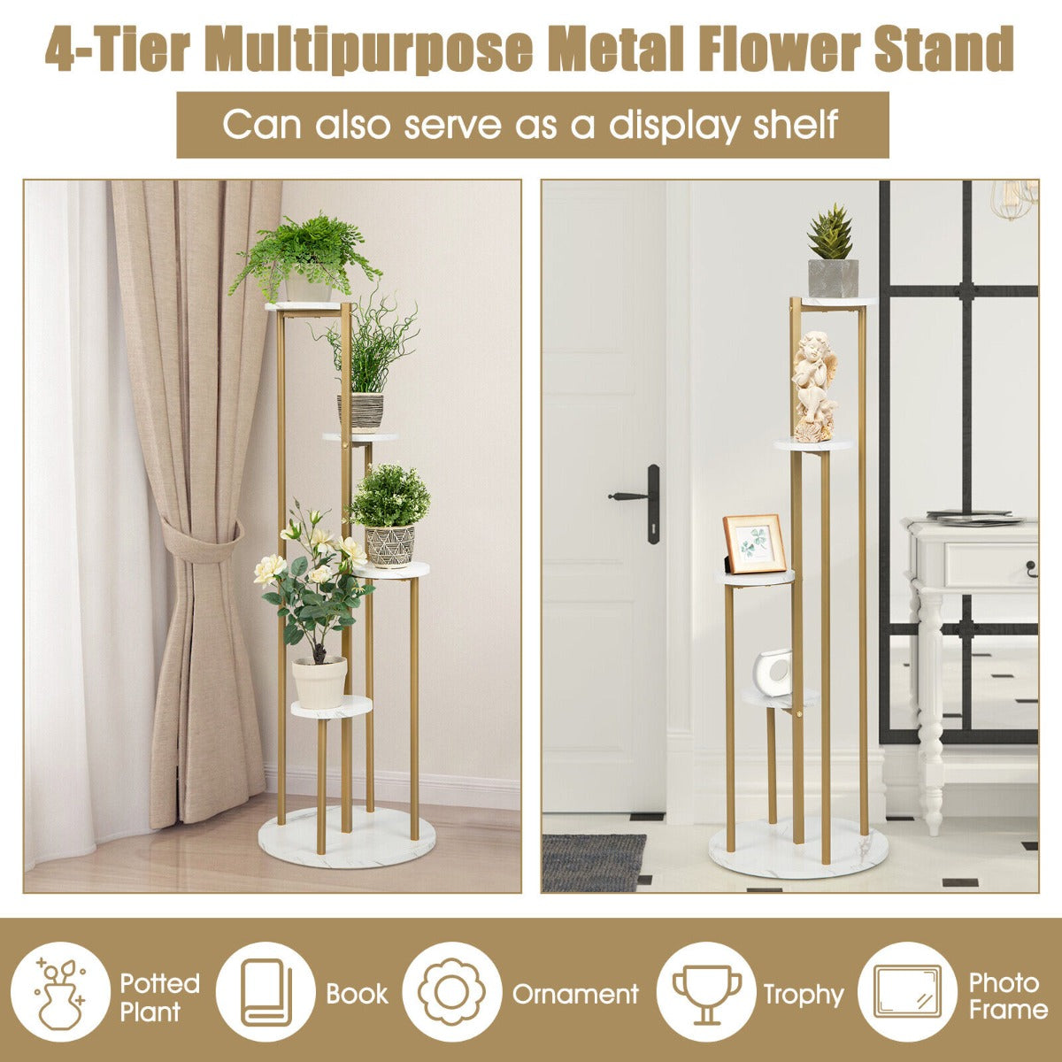 5-Tier Modern Tall Metal Plant Stand for Balcony Living Room Yard-White &amp; Golden