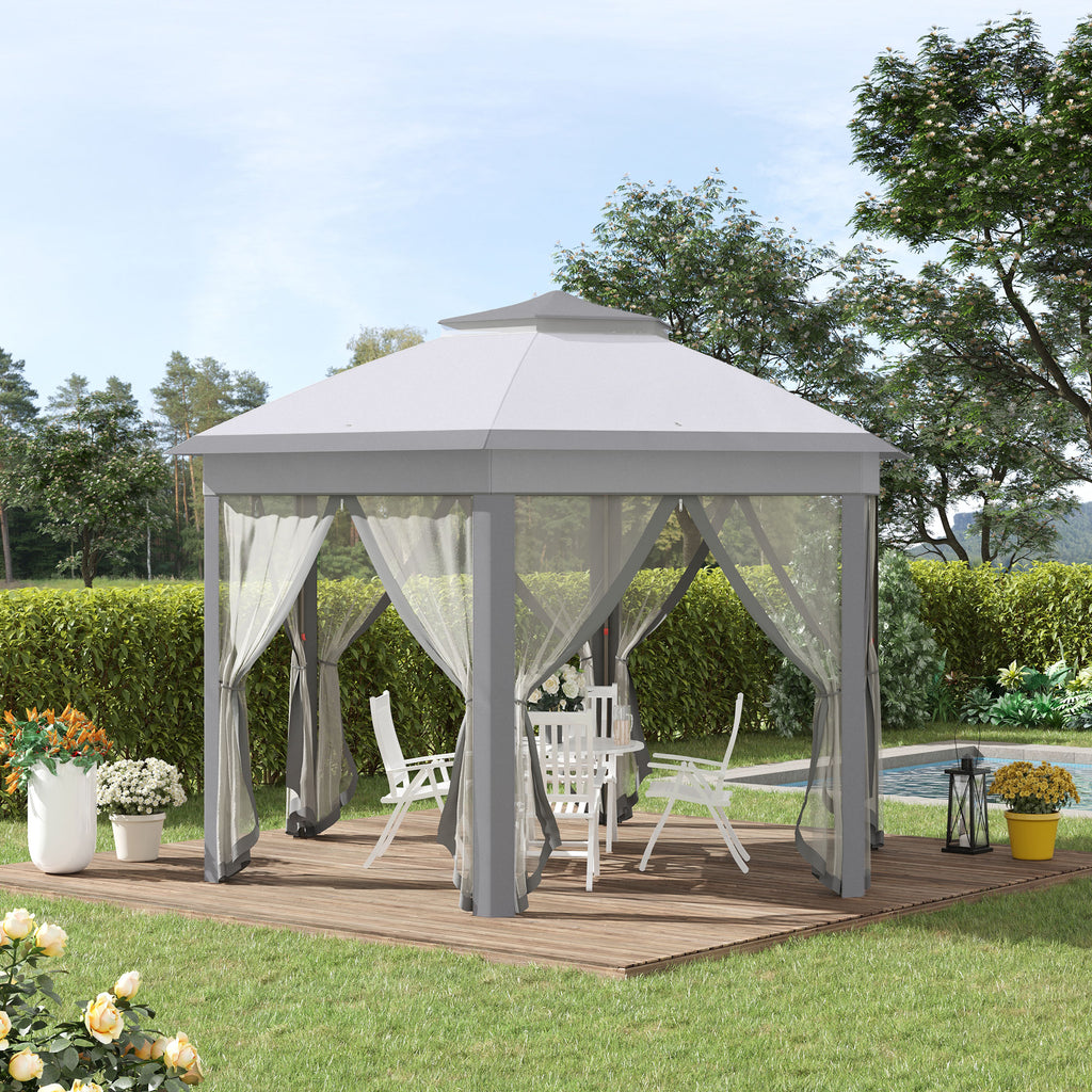 Outsunny Hexagon Patio Gazebo Pop Up Gazebo Outdoor Double Roof Instant Shelter with Netting, 4m x 4m, Grey - Inspirely