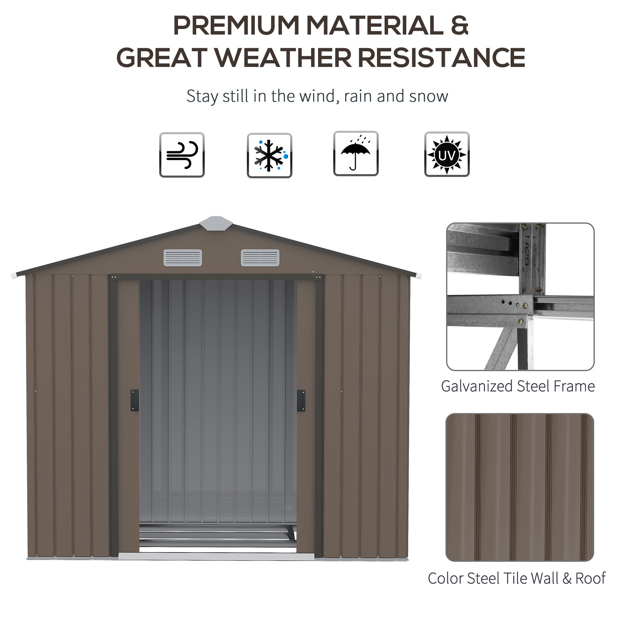 Outsunny 7ft x 4ft Lockable Garden Metal Storage Shed Large Patio Roofed Tool Storage Building Foundation Sheds Box Outdoor Furniture, Brown
