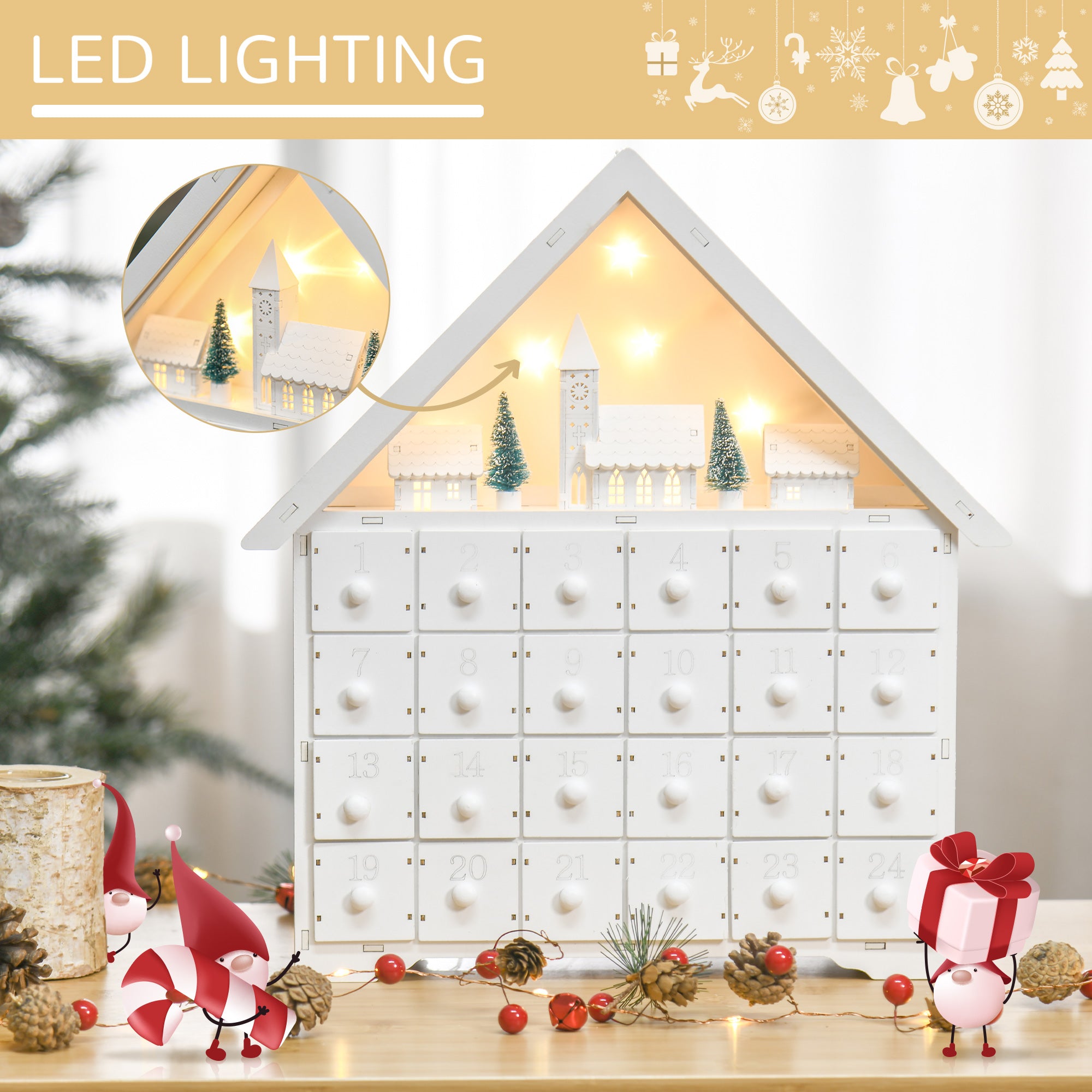 HOMCOM Christmas Advent Calendar, Light Up Table Xmas Wooden House Holiday Decoration with Countdown Drawer, Village, for kids Adults, White - Inspirely