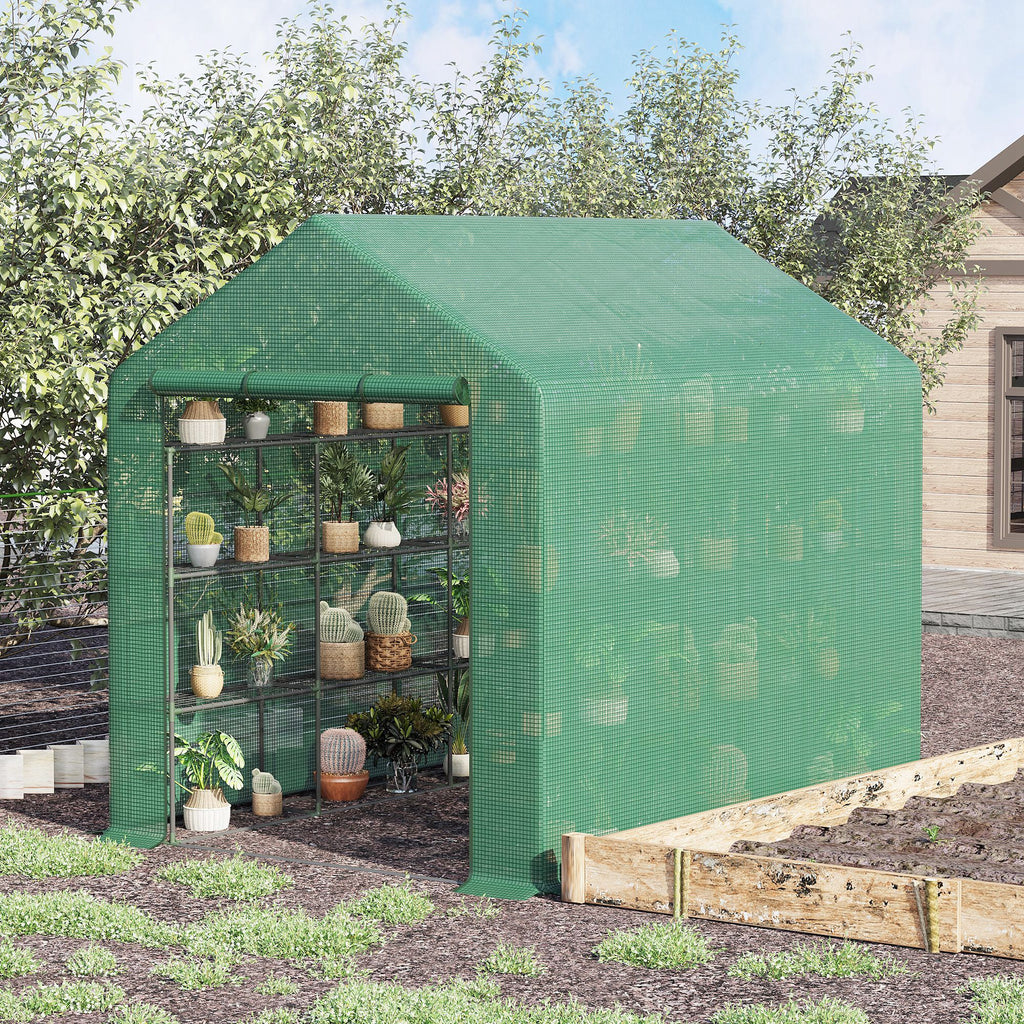 Outsunny Poly Tunnel Steeple Walk in Garden Greenhouse with Removable Cover Shelves - Green 244 x 180 x 210cm - Inspirely