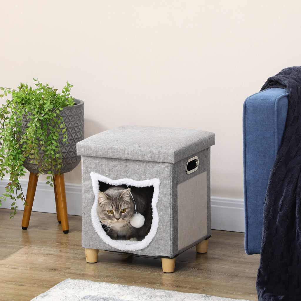PawHut 2 in 1 Cat Bed Ottoman, Comfortable Cat Sleeping Cave House w/ Removable Cushion, Scratching Pad, Handles, Anti-Slip Foot Pad, Toy Ball Grey