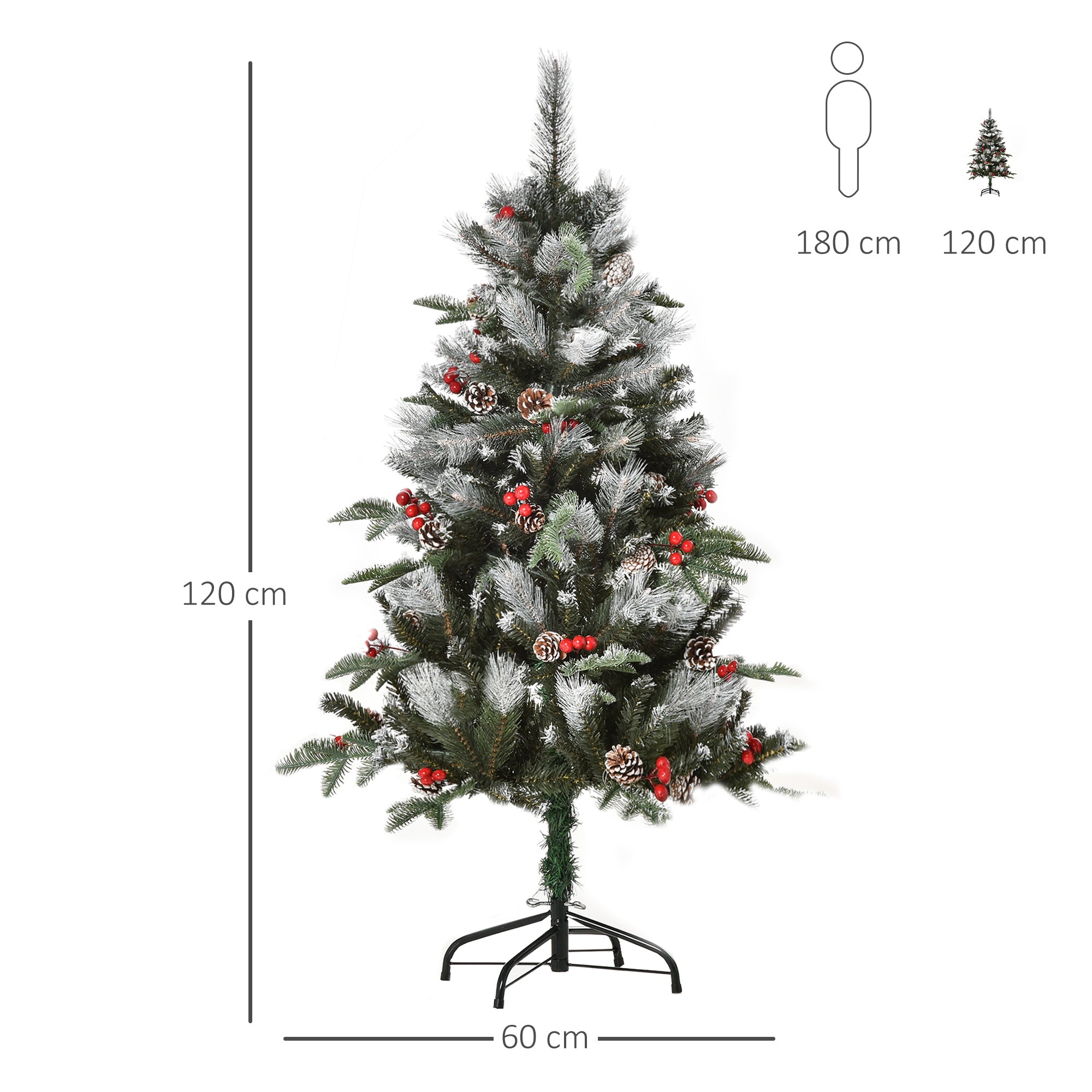 HOMCOM 4FT Artificial Snow Dipped Christmas Tree Xmas Pencil Tree Holiday Home Party Decoration with Foldable Feet Red Berries White Pinecones, Green - Inspirely