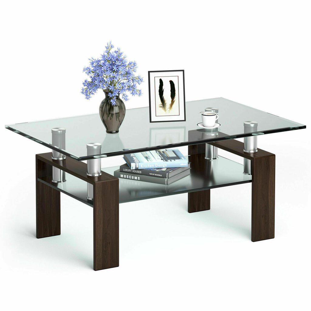 Modern Glass Coffee Tea Table with Open Shelf-Coffee