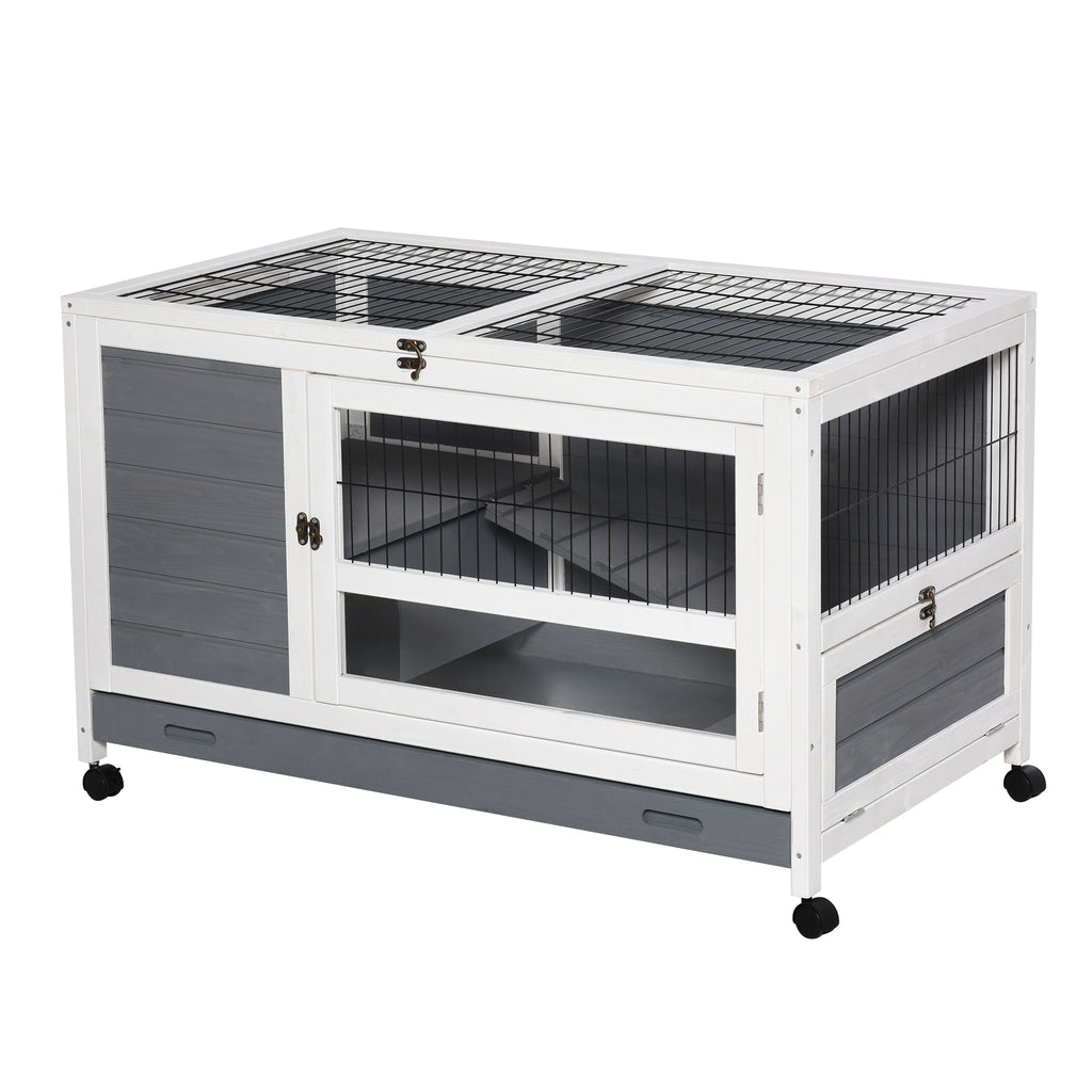 PawHut Wooden Guinea Pigs Hutches Elevated Pet Bunny House Rabbit Cage with Slide-Out Tray Indoor Grey - Inspirely