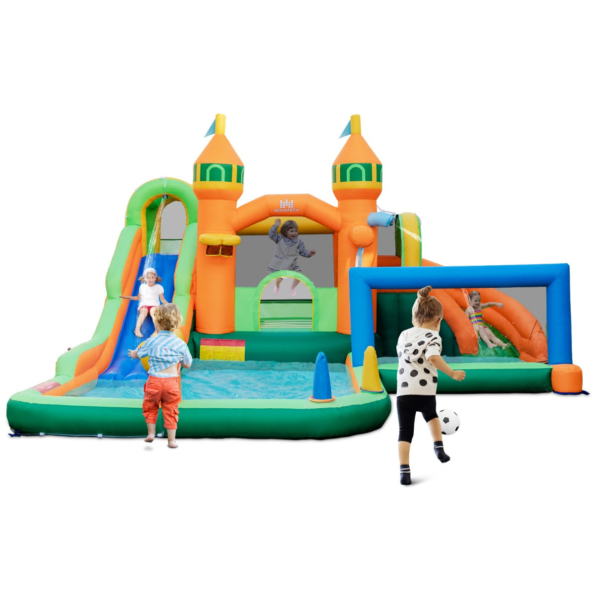 Kids Water Park with Long Slides Splash Pools Climbing Wall for Yard Lawn Without Blower