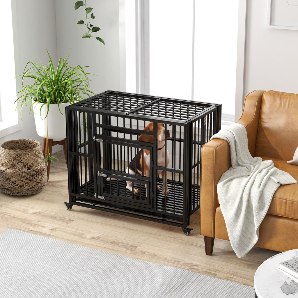PawHut 37" Heavy Duty Dog Crate, Foldable Dog Cage, with Openable Top, Locks, Removable Tray, Wheels - Black