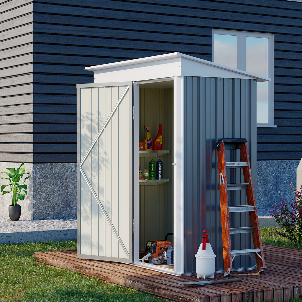 Outsunny Metal Garden Shed, Outdoor Lean-to Shed for Tool Motor Bike, with Adjustable Shelf, Lock, Gloves, 5'x3'x6', Grey
