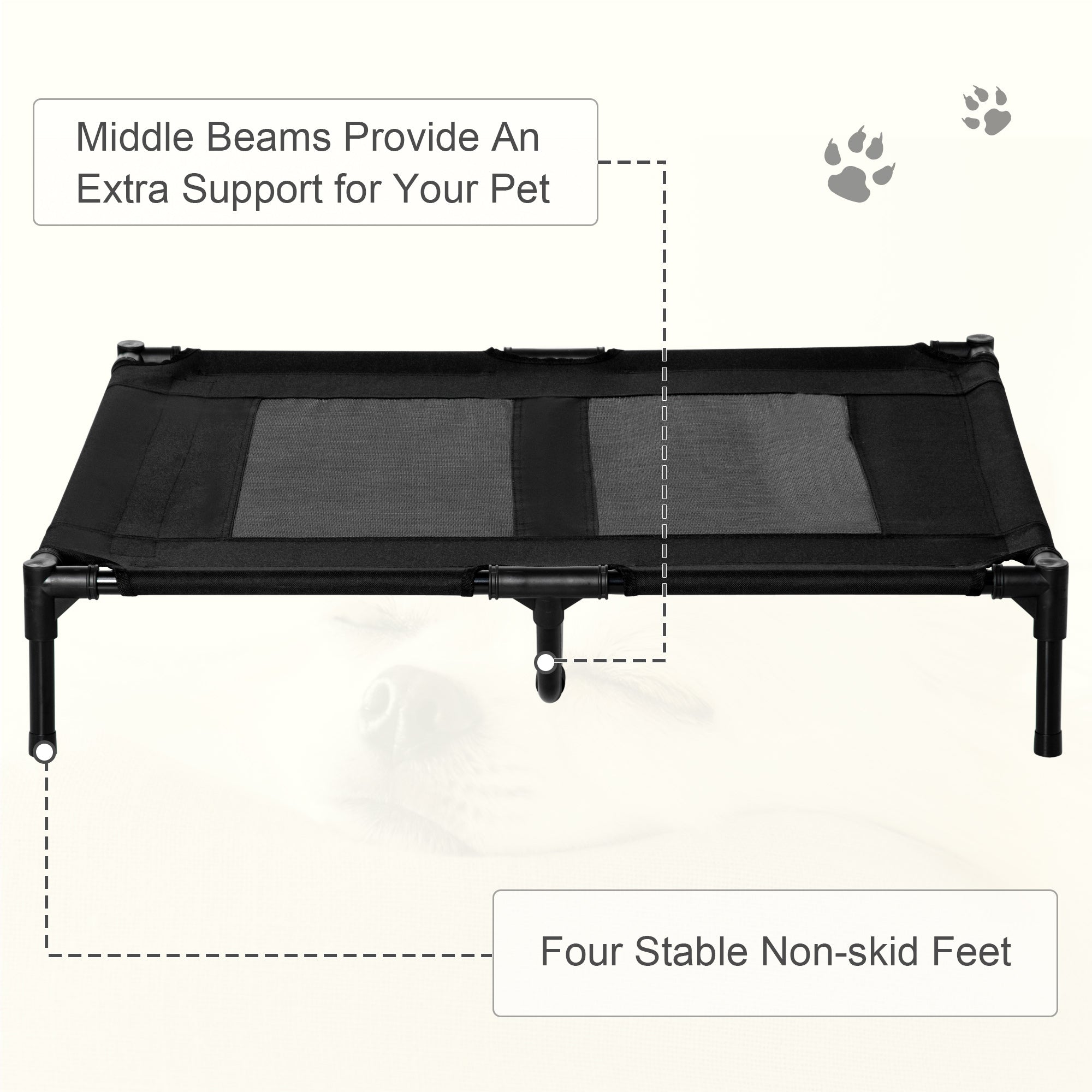 PawHut Large Raised Dog Bed Cat Elevated Lifted Cooling Portable Camping Basket Outdoor Indoor Mesh Pet Cot Metal Frame, Black