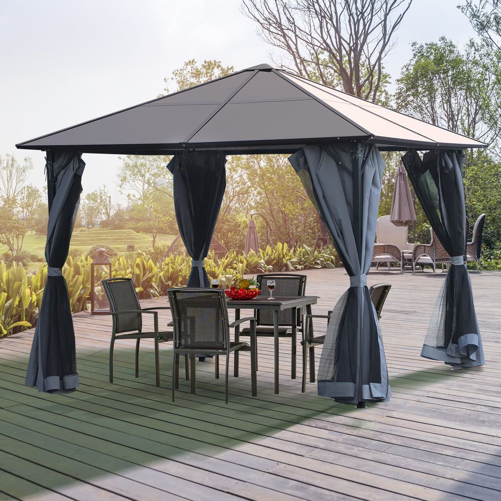 Outsunny 3 x 3(m) Garden Aluminium Gazebo Hardtop Roof Canopy Marquee Party Tent Patio Outdoor Shelter with Mesh Curtains & Side Walls - Grey - Inspirely