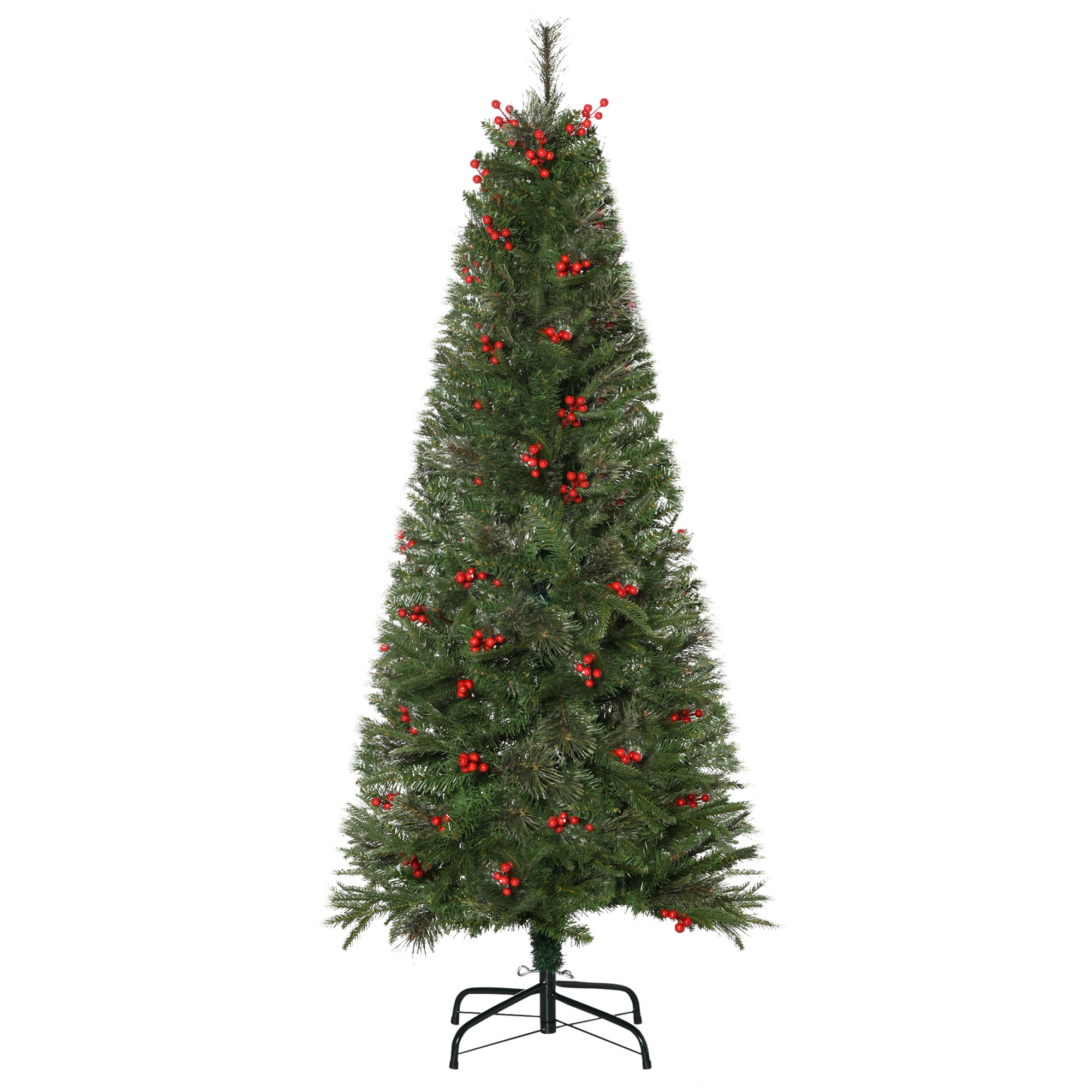 HOMCOM Pencil Artificial Christmas Tree with Realistic Branches, Red Berries, Auto Open, Green