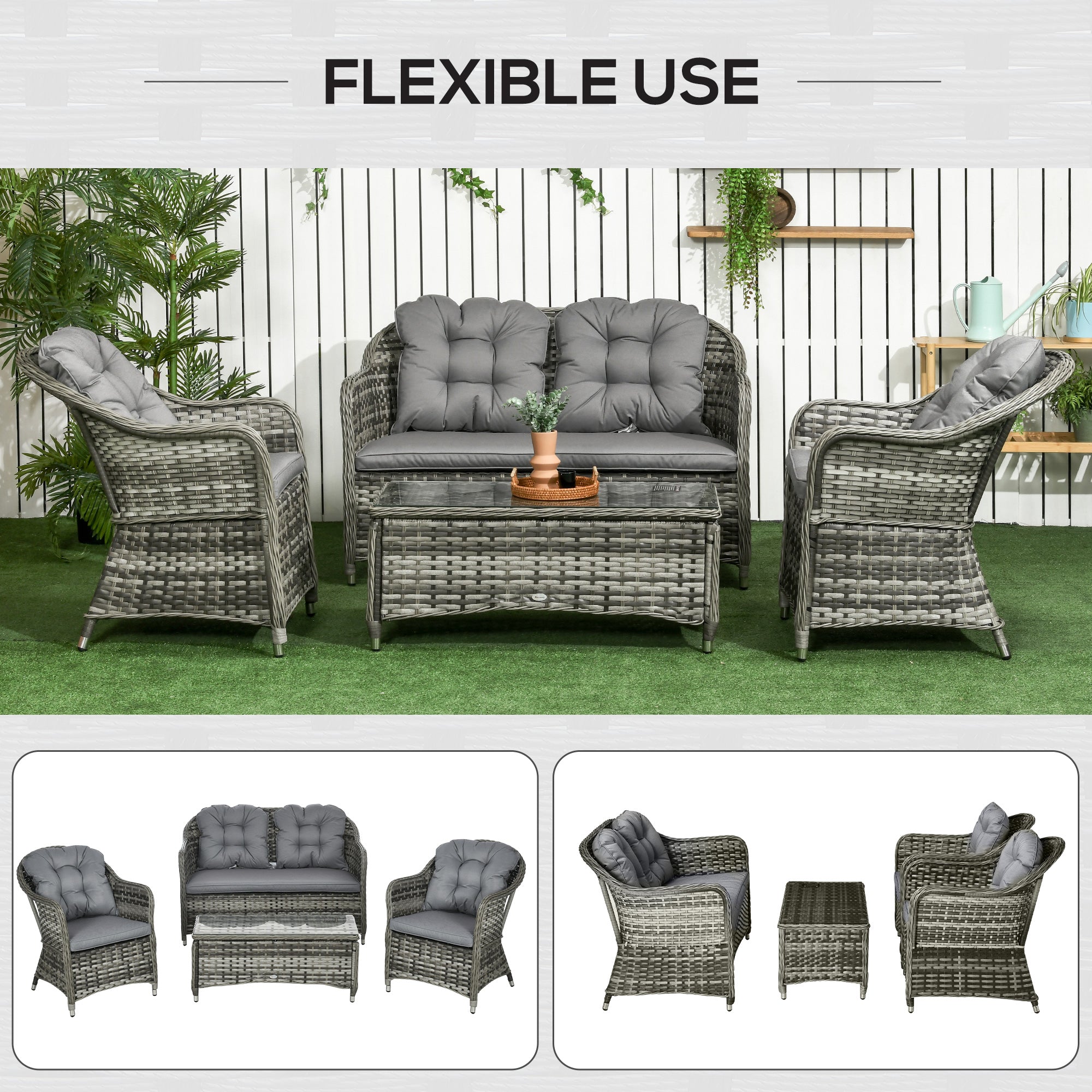 Outsunny 4 Pieces PE Rattan Wicker Sofa Set Outdoor Conservatory Furniture Lawn Patio Coffee Table w/ Cushion - Grey