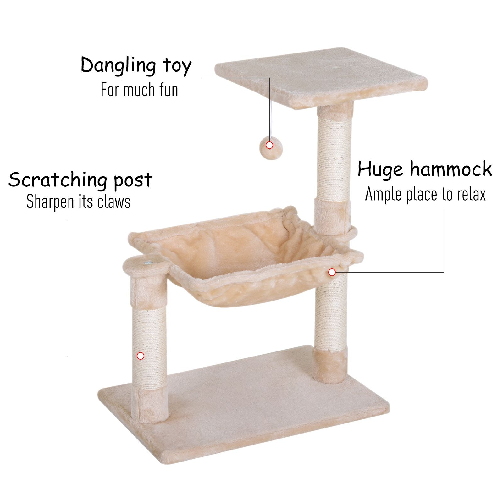 PawHut Cat Tree Hammock Bed Natural Sisal Scratching Post w/ Dangle Toy 2 Tier 70cm Pet Scratch Stand - Inspirely