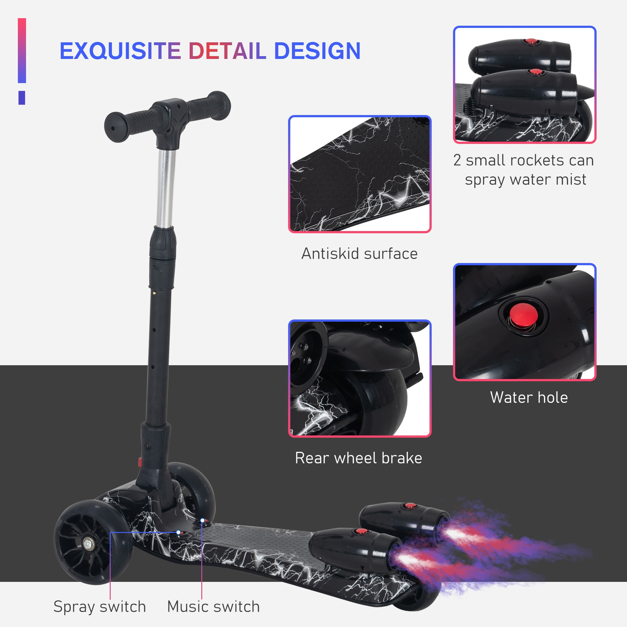 HOMCOM Kids 3 Wheel Scooter Adjustable Height w/ Flashing Wheels Music Water Spray Foldable Design Cool On Off Road Vehicle Black - Inspirely