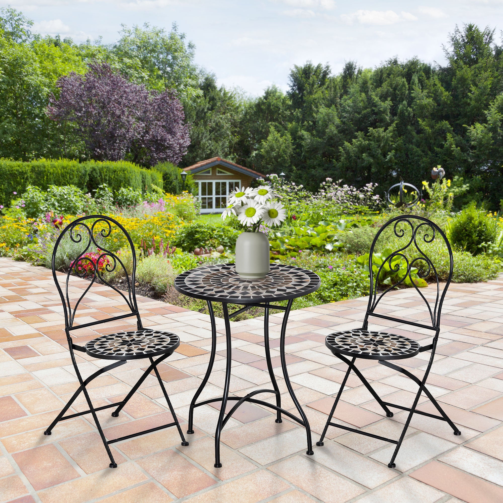 Outsunny 3 Piece Garden Outdoor Bistro Set with Coffee Table and 2 Folding Chairs, Mosaic Tile Top and Seats, Metal Frame, for Patio Balcony - Inspirely