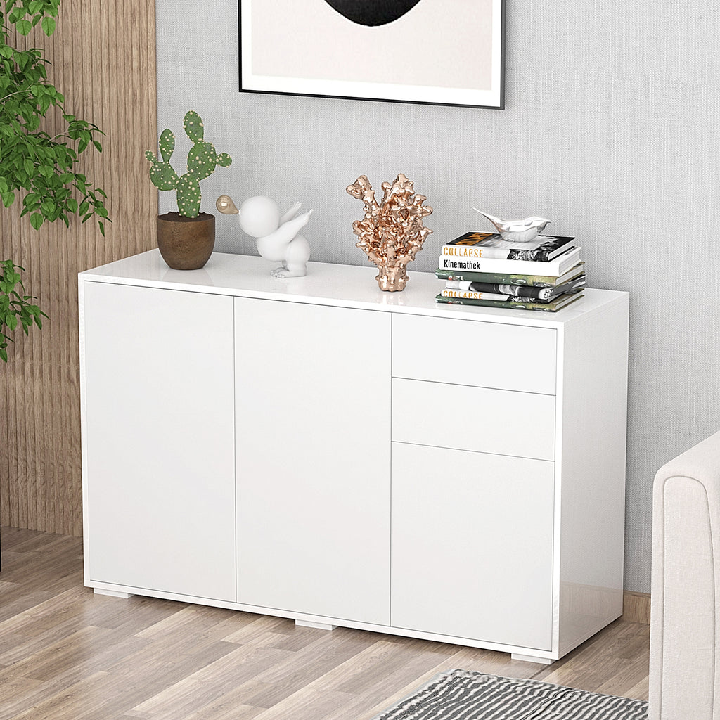 HOMCOM High Gloss Sideboard, Side Cabinet, Push-Open Design with 2 Drawer for Living Room, Bedroom, White - Inspirely