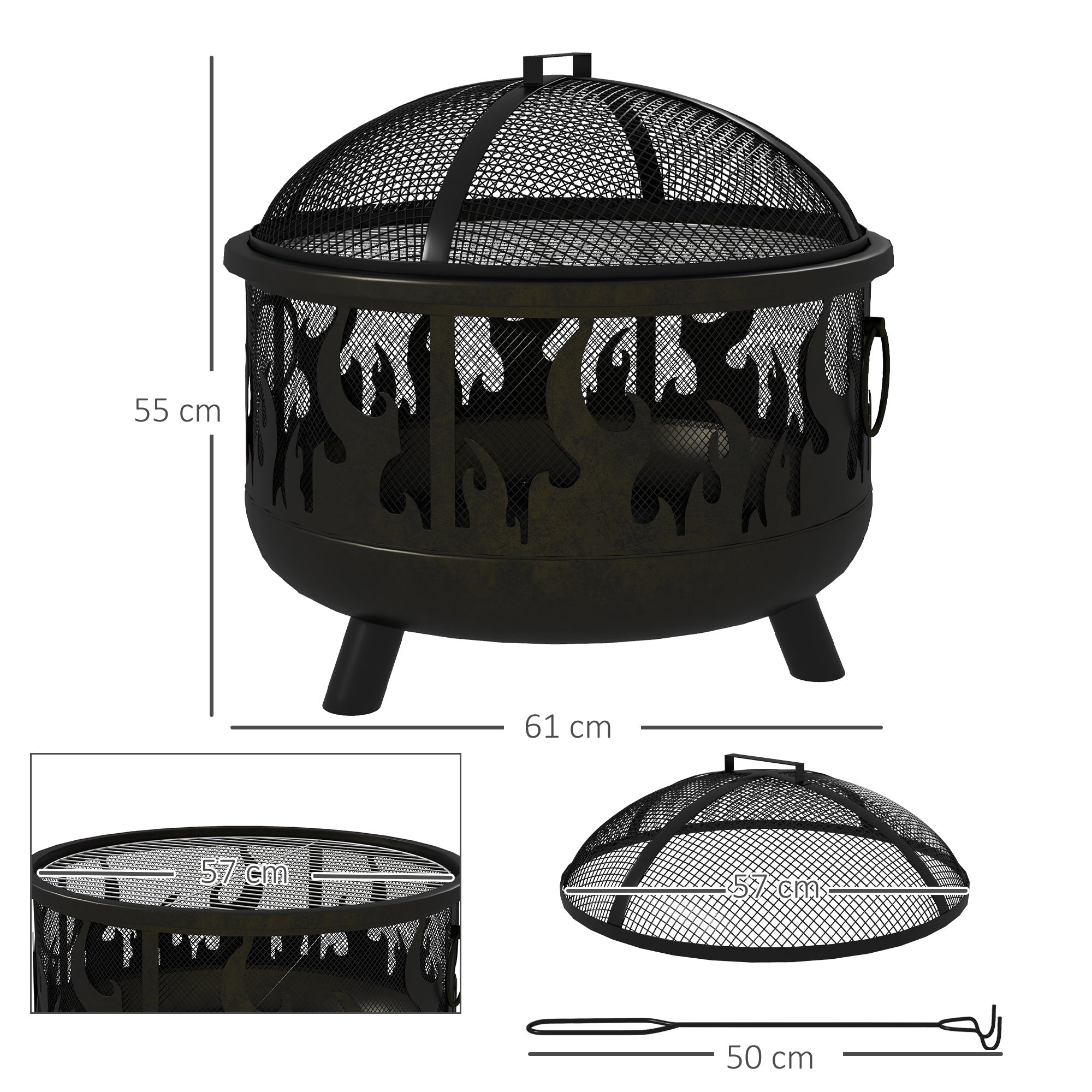 Outsunny Metal Firepit Bowl Outdoor 2-In-1 Round Fire Pit w/ Lid, Grill, Poker, Handles for Garden, Camping, BBQ, Bonfire, Wood Burning Stove, 61.5 x 61.5 x 52cm, Black