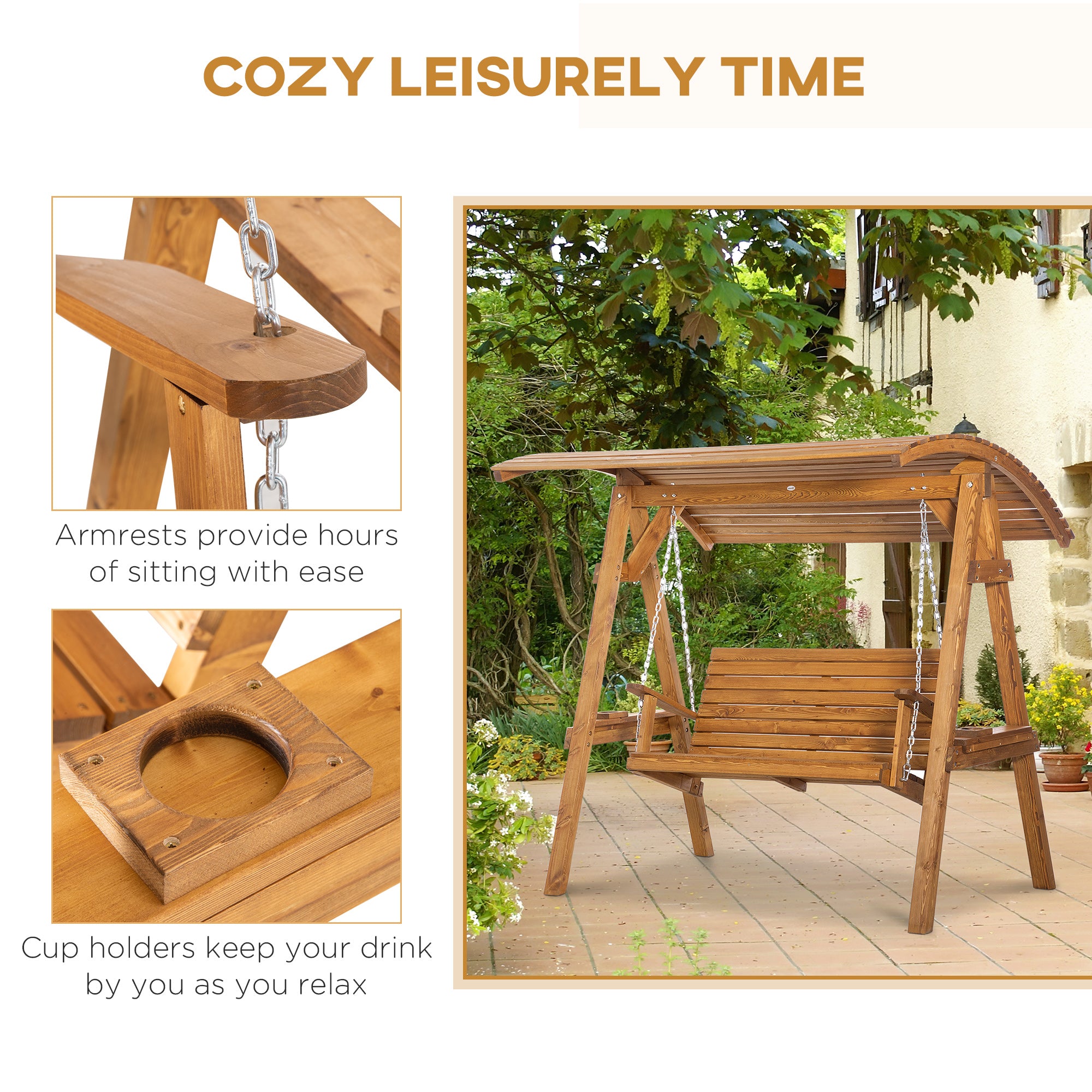 Outsunny 2 Seater Garden Swing Chair, Outdoor Canopy Swing Bench with Adjustable Shade and Solid Wood Frame