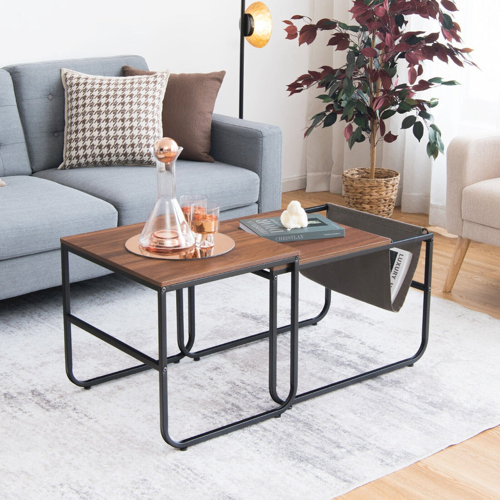 2 Pieces Modern Industrial Nesting Coffee Table Set-Brown