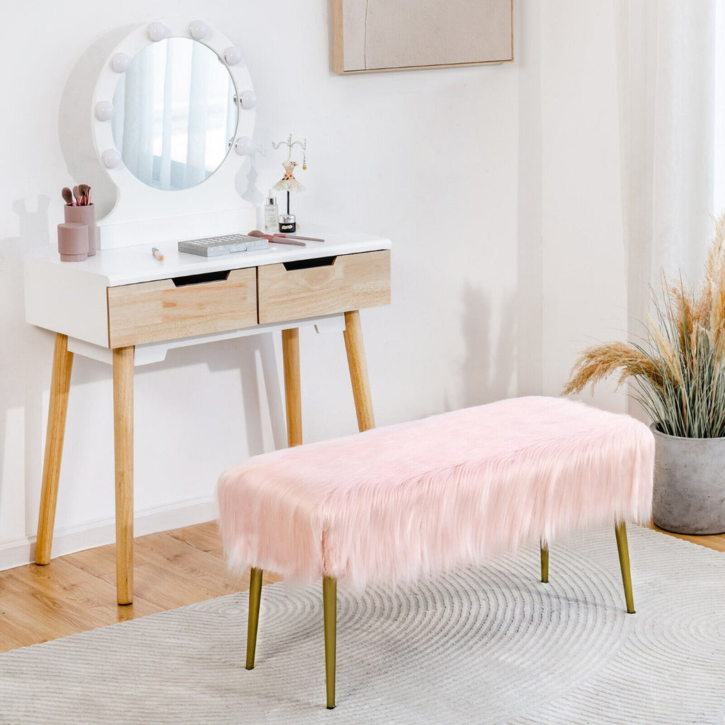 Rectangular Upholstered Furry Faux Fur Footrest with Golden Metal Legs-Pink