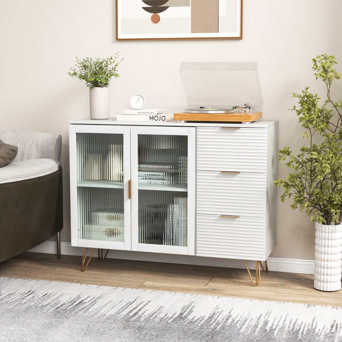 Modern Sideboard Storage Cabinet with 2 Glass Doors and 3 Drawers-White