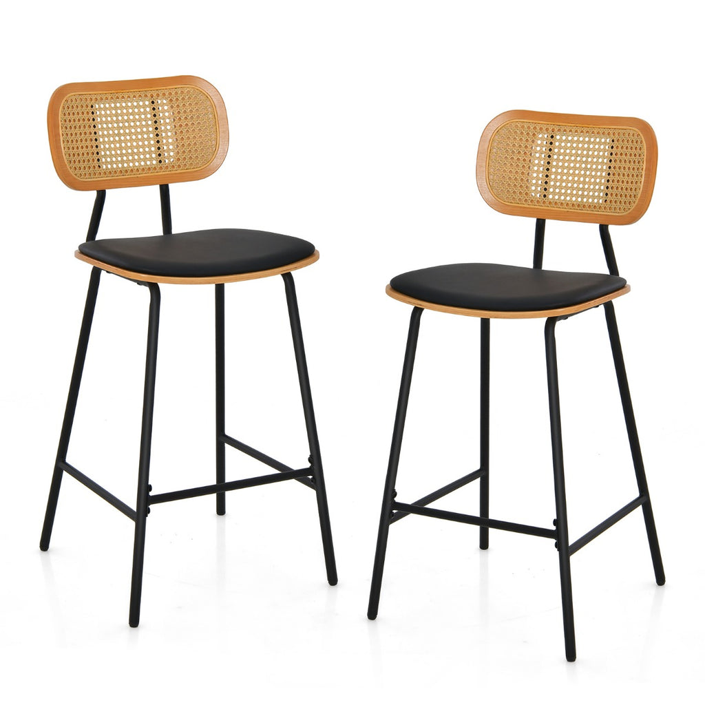 Faux Leather Bar-Height Stools with Rattan Backrest for Bar Counter-Black