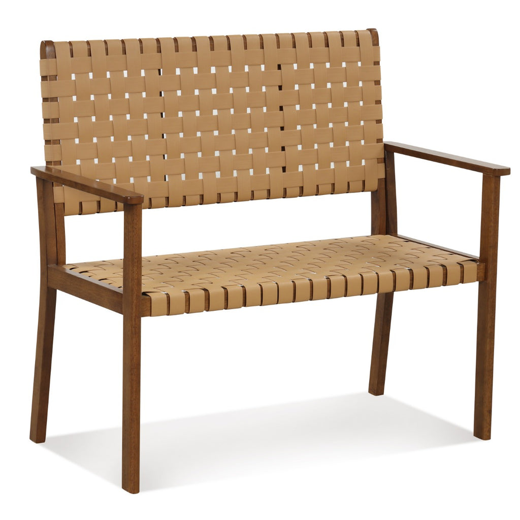 Outdoor All Weather Bench with Solid Rubber Wood Frame and Hand Woven PU Leather-Natural