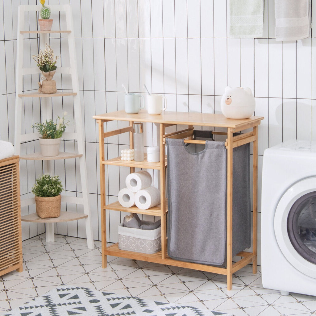 Bamboo Laundry Basket with Removable Pull Out Bag and Storage Shelf Natural