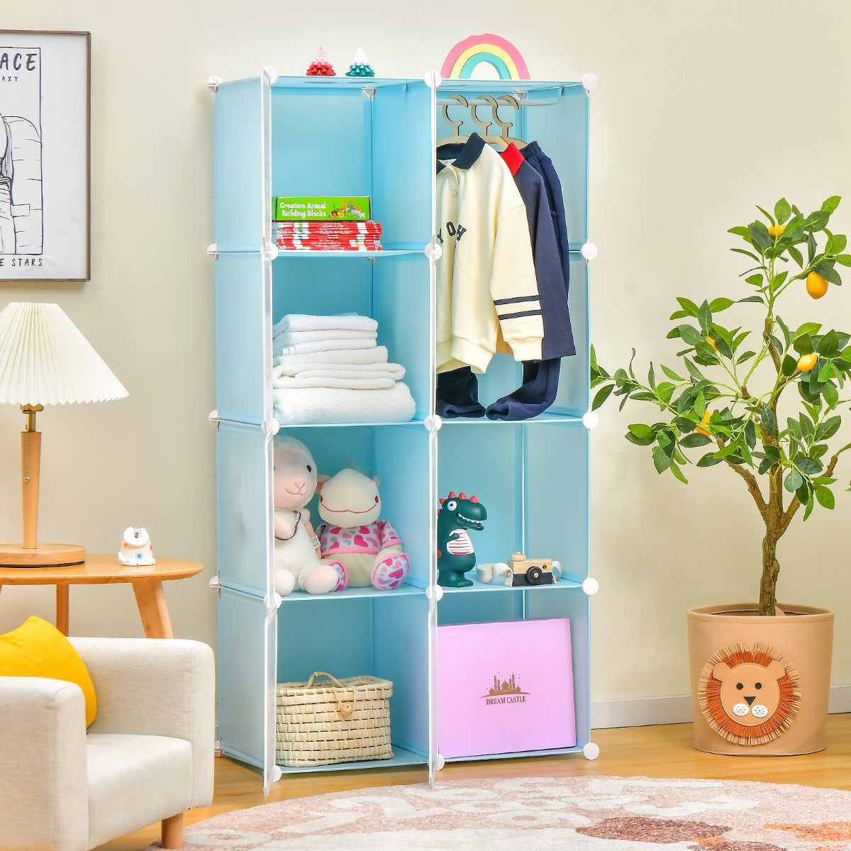 8-cube Baby Closet Organizer with Doors and Hanging Section-Blue