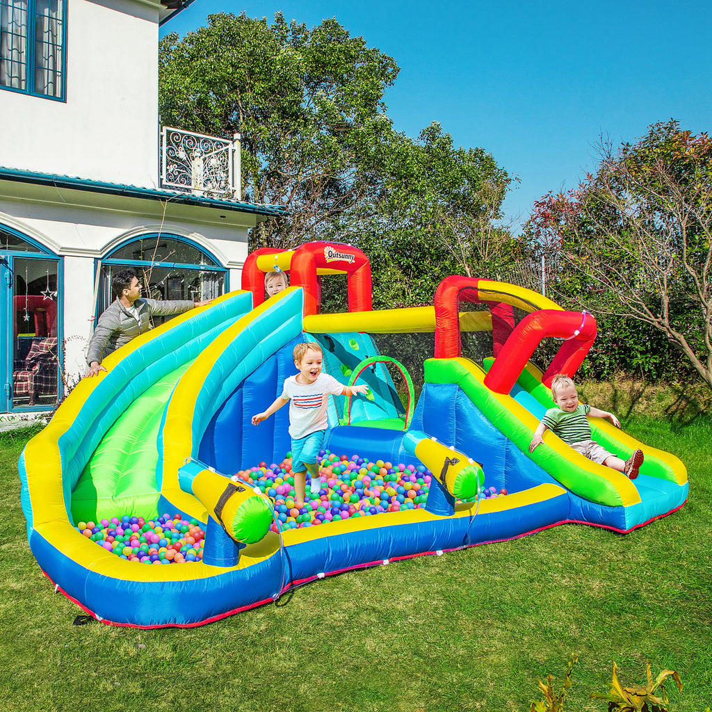 Outsunny 5 in 1 Kids Bounce Castle Extra Large Inflatable House Trampoline Slide Water Pool Water Gun Climbing Wall for Kids Age 3-8, 3.85x3.65x2m - Inspirely