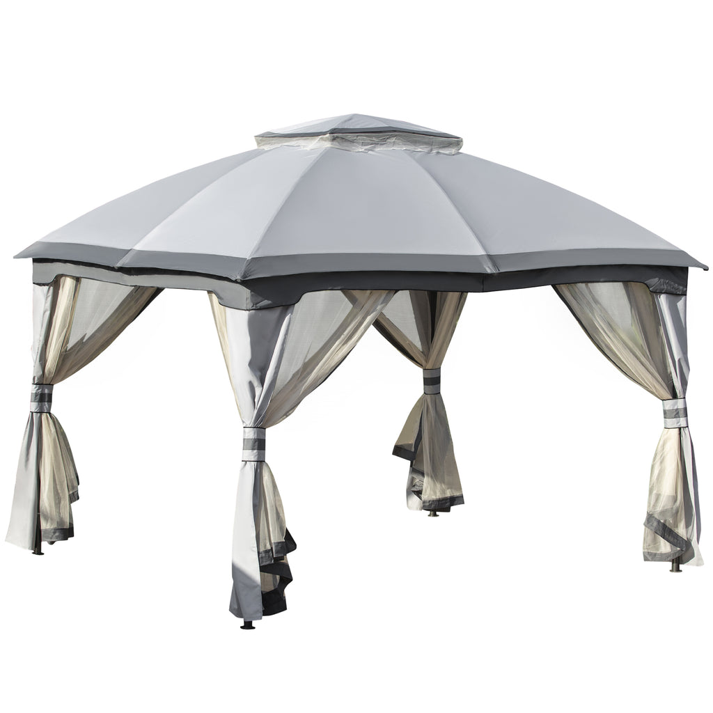 Outsunny 3.7 x 3(m) Metal Gazebo Canopy Party Tent Garden Patio Shelter with Netting Sidewalls & Double Tiered Roof, Grey - Inspirely