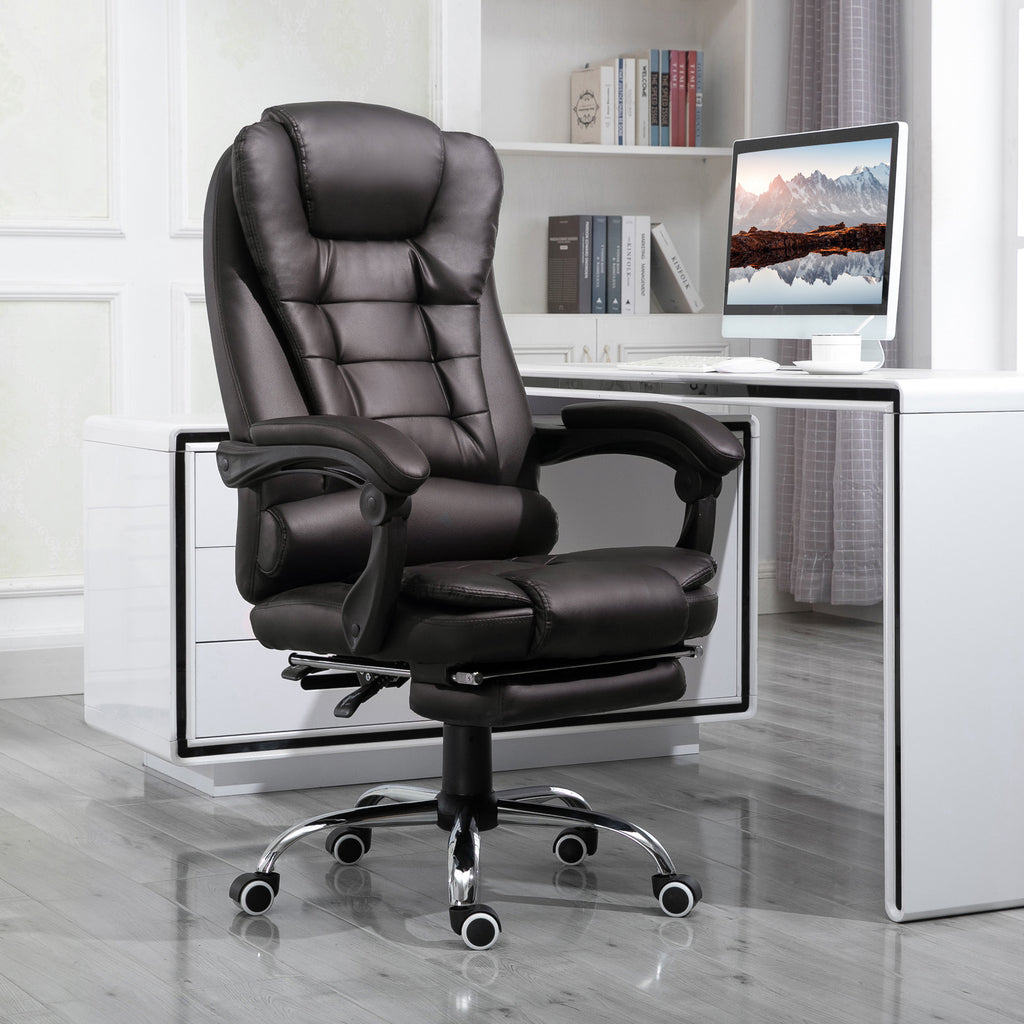 HOMCOM PU Leather Executive Office Chair, High Back Swivel Chair with Retractable Footrest, Adjustable Height, Reclining Function, Brown
