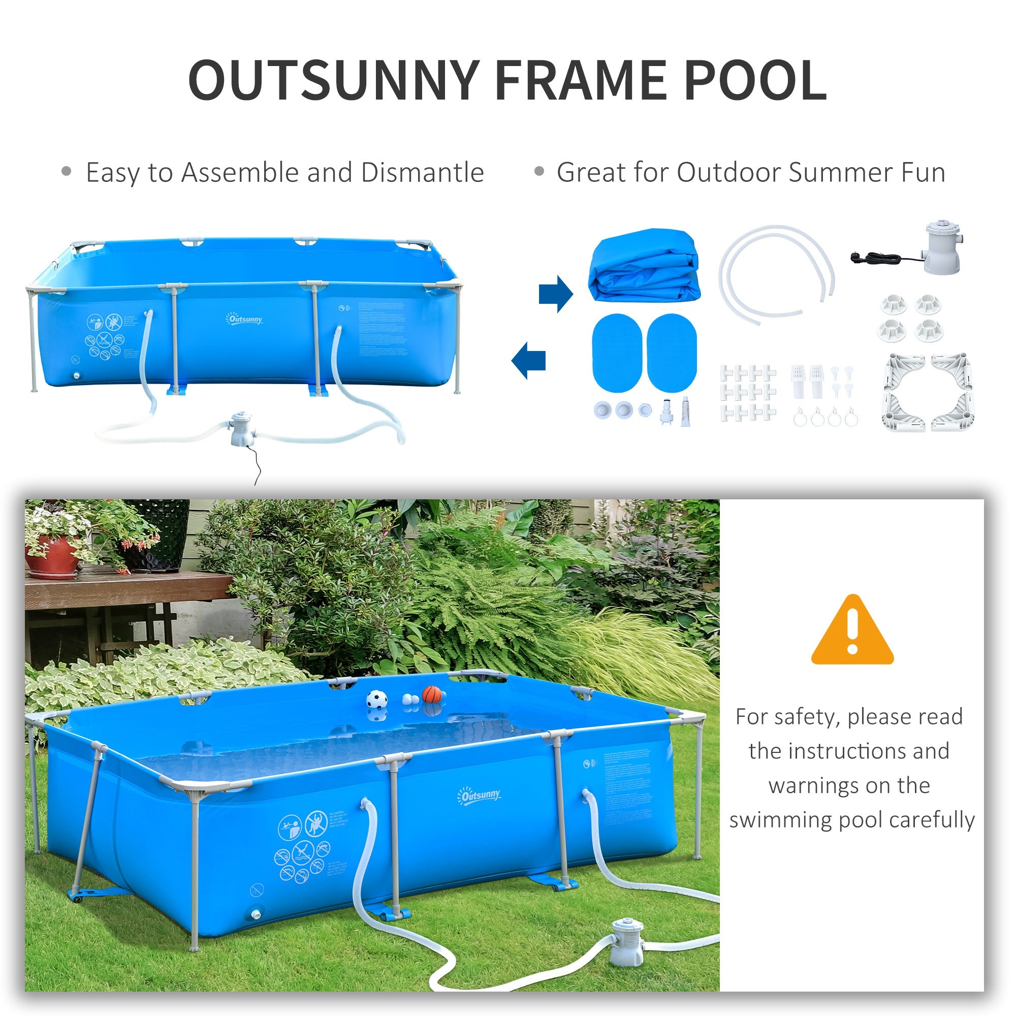 Steel Frame Pool with Filter Pump and Filter Cartridge Rust and Reinforced Sidewalls Resistant Above Ground Pool Blue 315 x 225 x 75cm by Outsunny