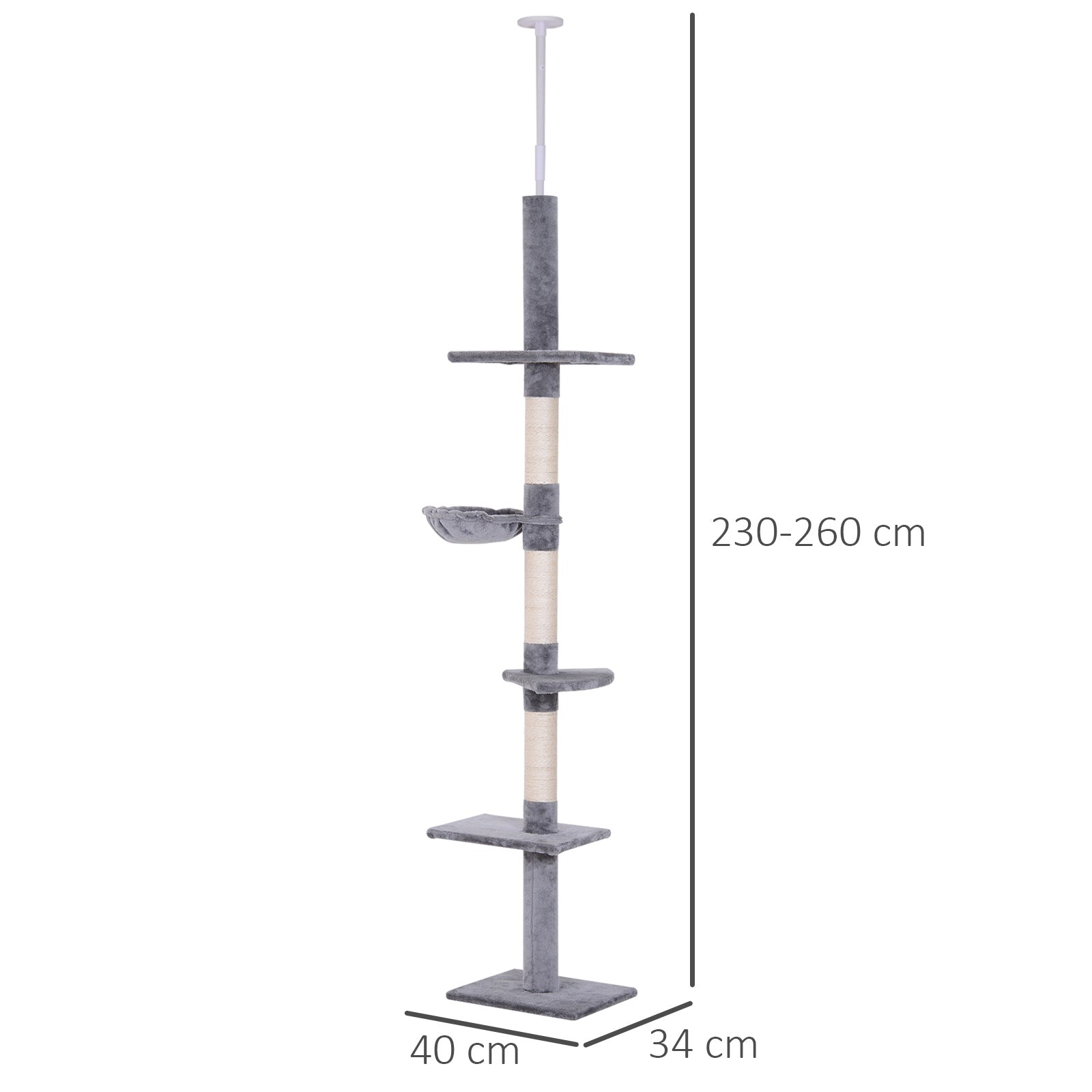 PawHut Cats Floor to Ceiling Scratching Post w/ 5-Tier Plush Leisure Platforms Grey - Inspirely