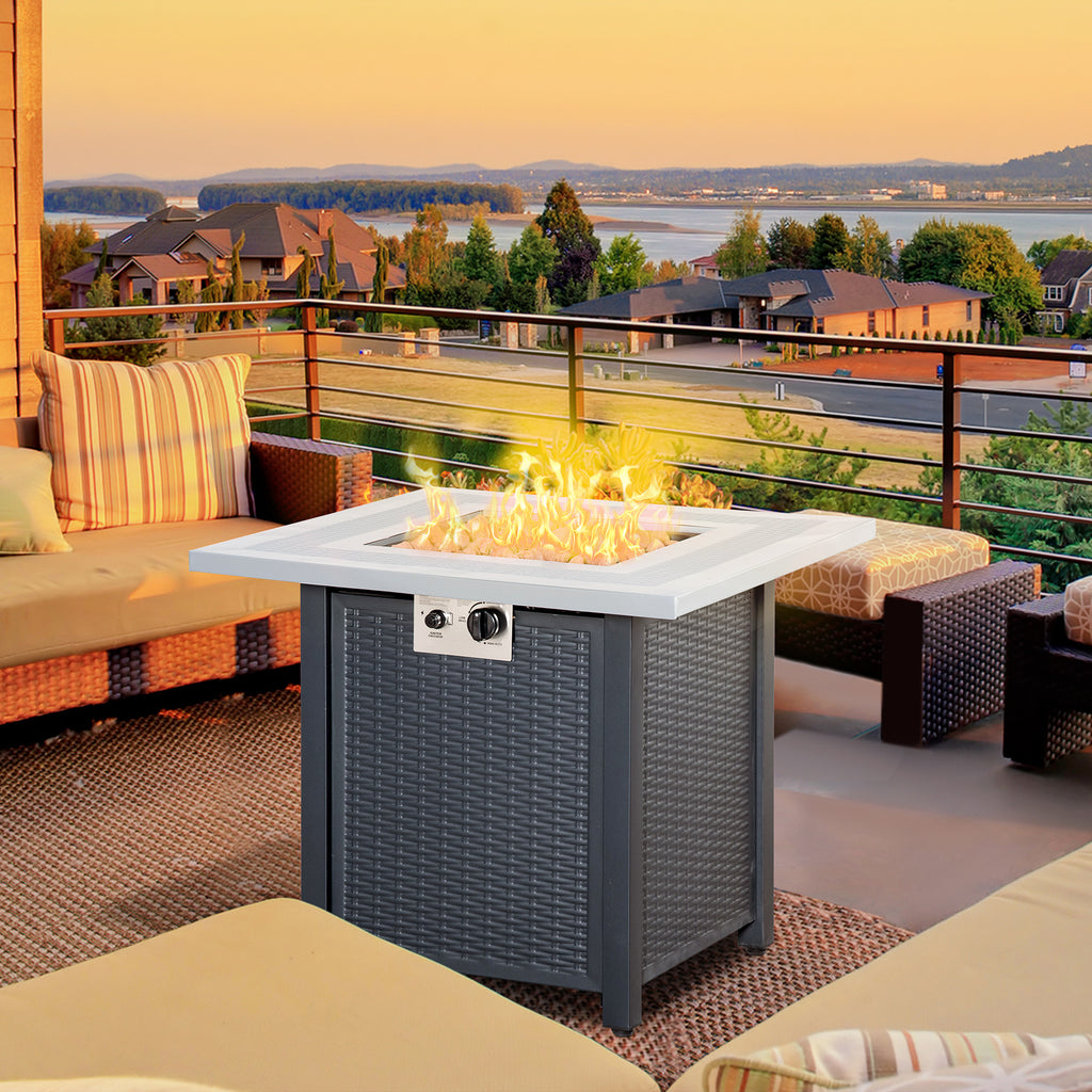 Outsunny Square Propane Gas Fire Pit Table, 40000 BTU Rattan Smokeless Firepit Patio Heater with Lava Rocks and Lid, 71cm x 71cm x 62cm, Black - Inspirely