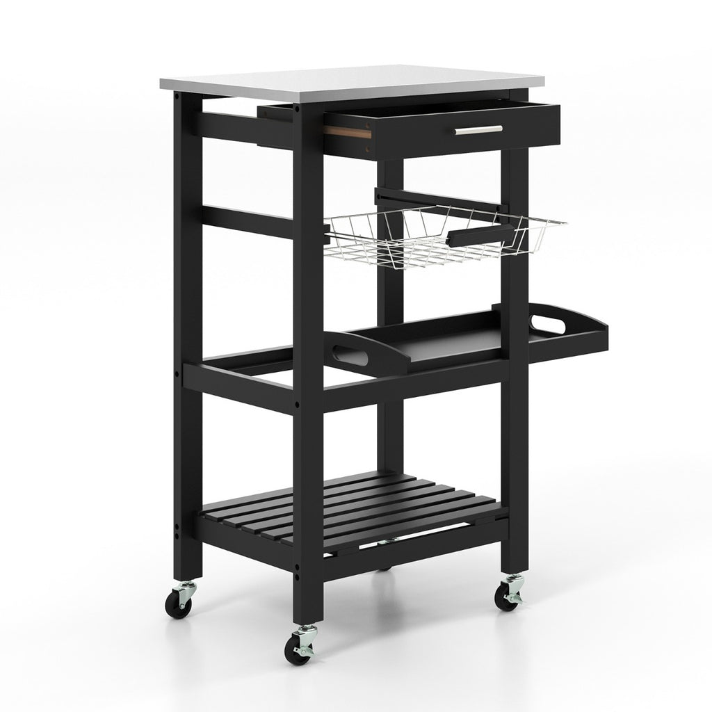 4-Tier Rolling Trolley Cart with Lock Wheels Basket and Drawer-Black