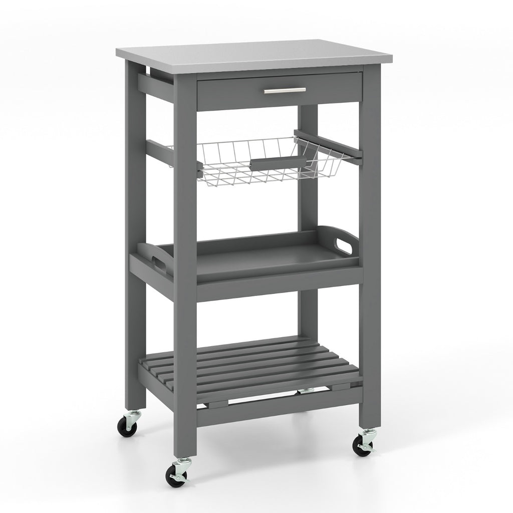 4-Tier Rolling Trolley Cart with Lock Wheels Basket and Drawer-Grey