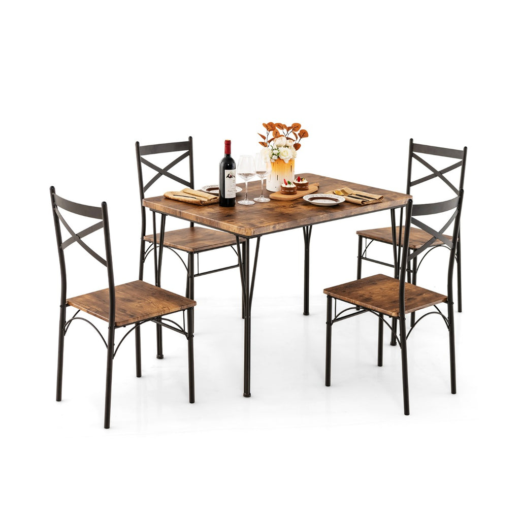 5-Piece Dining Table Set with Metal Frame-Brown