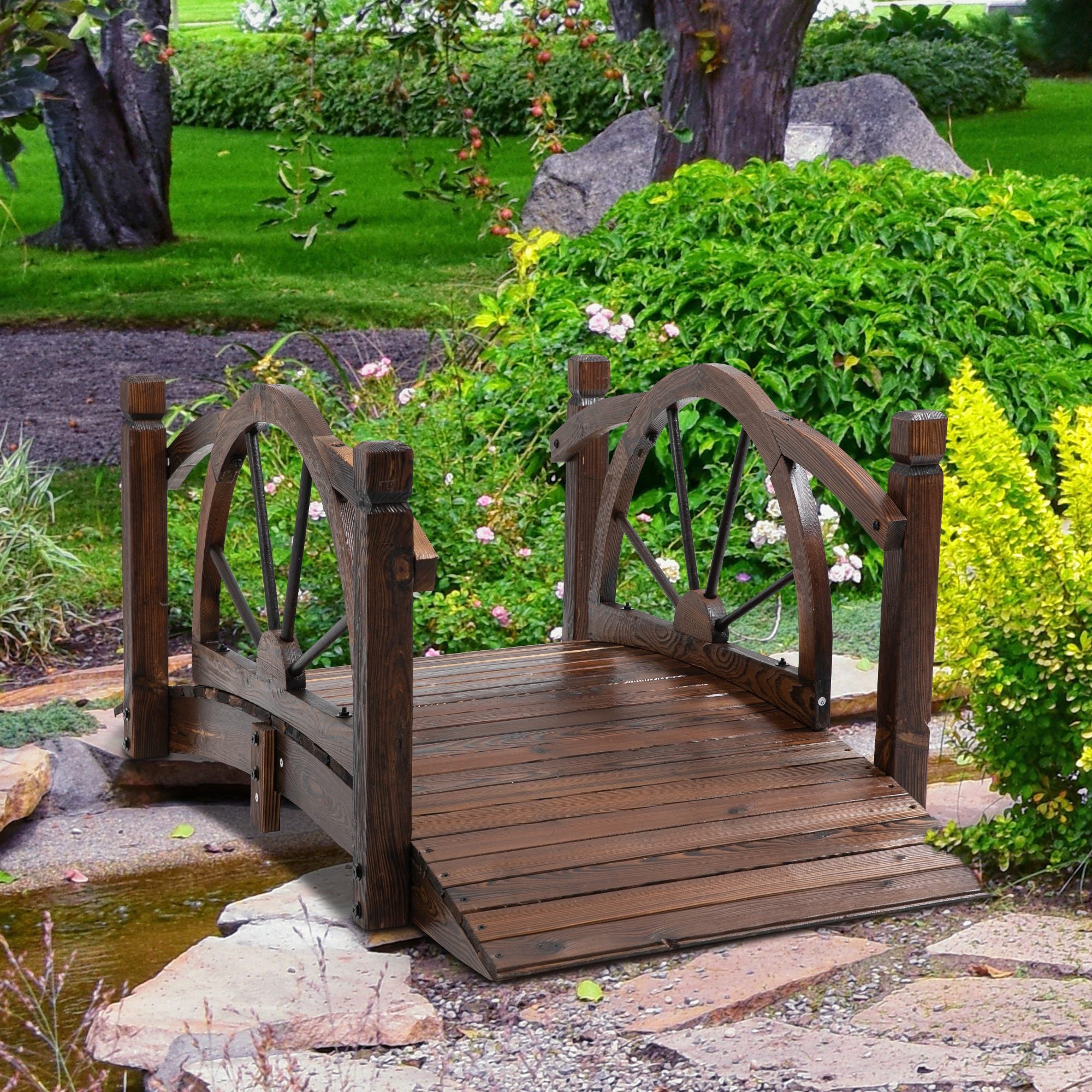 Outsunny Wooden Garden Bridge Decorative Arc Footbridge with Safety Guardrail Outdoor Lawn Pond Bridge Walkway Stained Wood